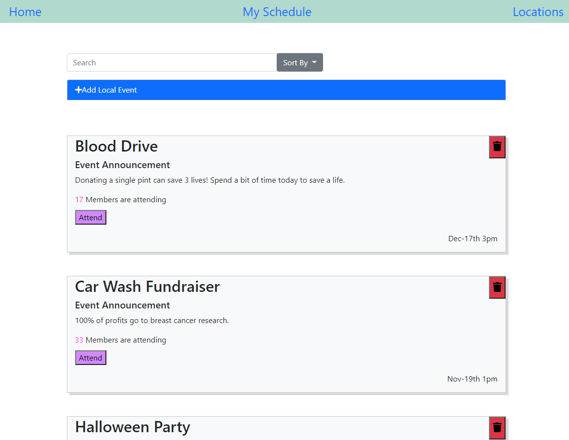 Image of the Scheduling App Homepage